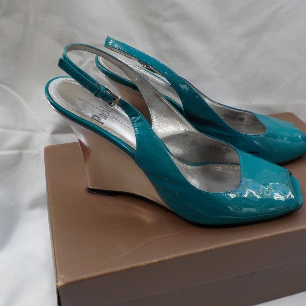 Gorgeous Linea Paolo Peep-toe Wedge Sandals Turquoise and Silver SZ 8/ 8.5 N/M - Picture 7 of 16